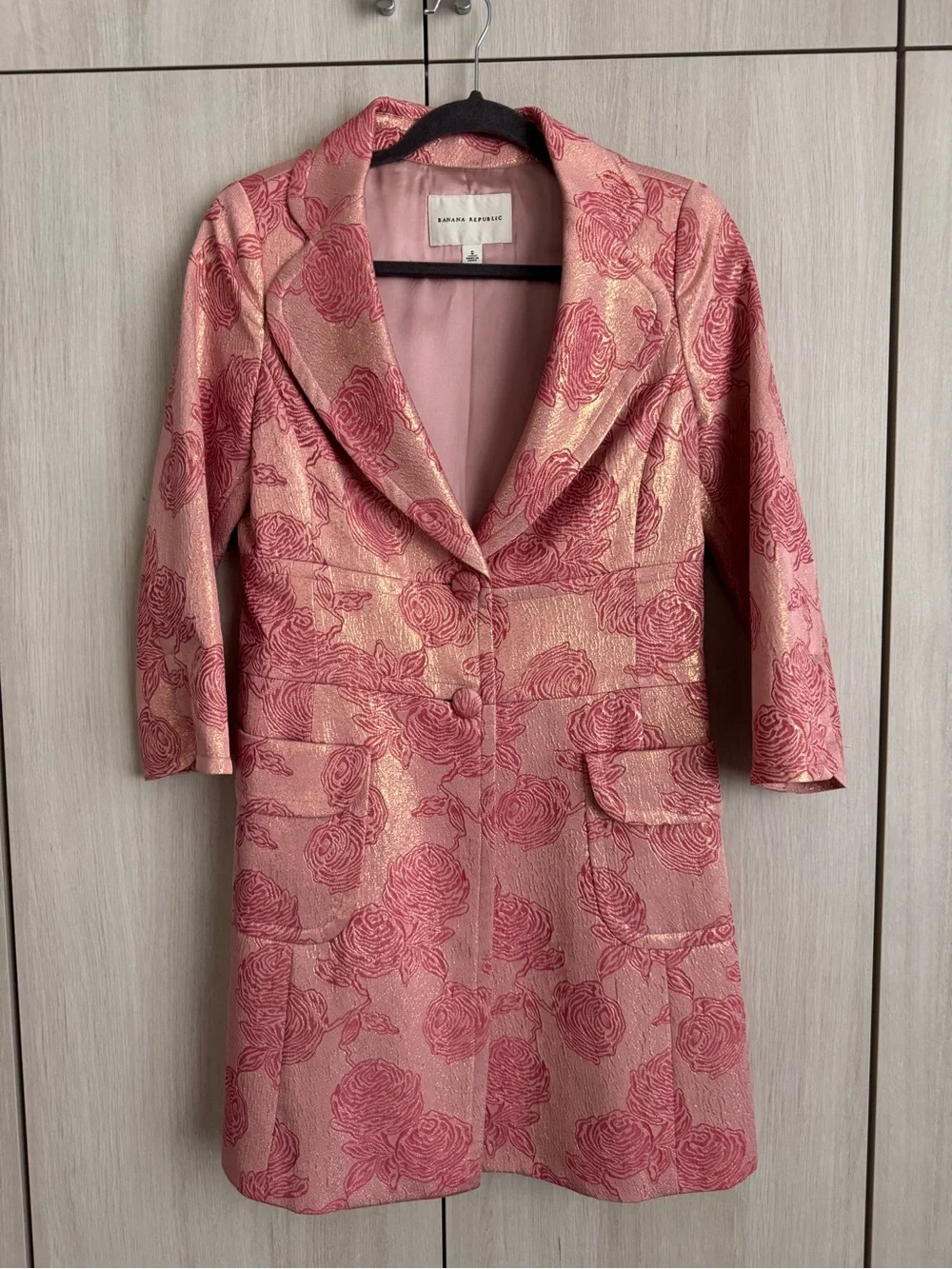 Banana Republic Rose-Patterned Pink Jacquard Blazer Coat Silk Sz S